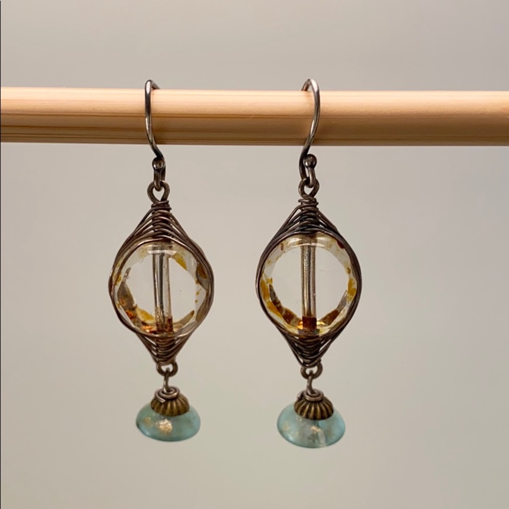 Glass Dangle Wire Wrapped Earrings